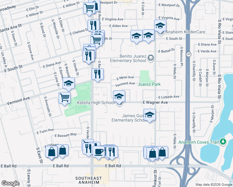map of restaurants, bars, coffee shops, grocery stores, and more near 2210 East Oshkosh Circle in Anaheim