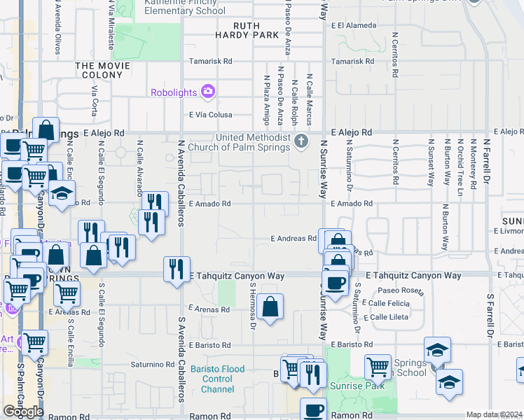 map of restaurants, bars, coffee shops, grocery stores, and more near 286 North Hermosa Drive in Palm Springs