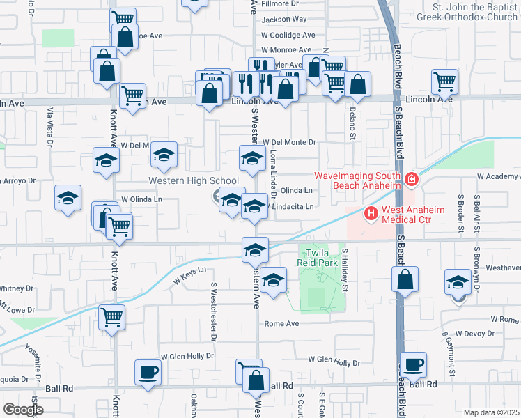 map of restaurants, bars, coffee shops, grocery stores, and more near 3178 West Lindacita Lane in Anaheim
