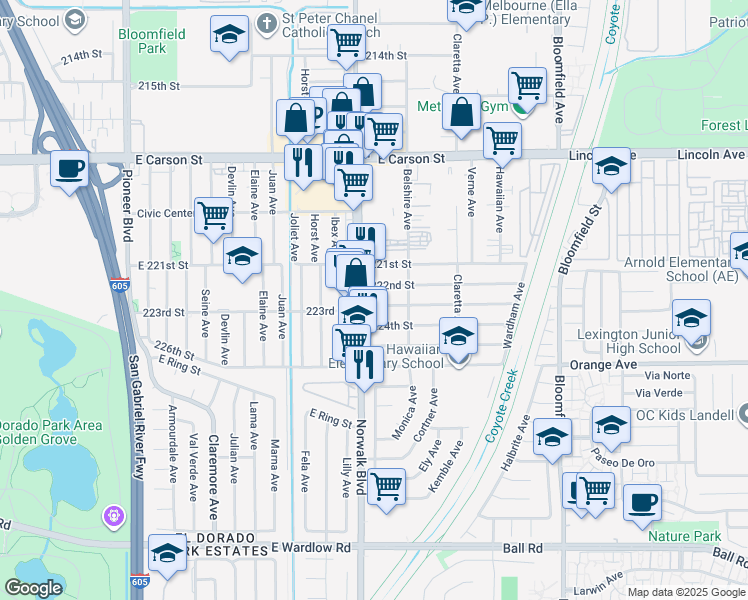map of restaurants, bars, coffee shops, grocery stores, and more near 12217 223rd Street in Hawaiian Gardens