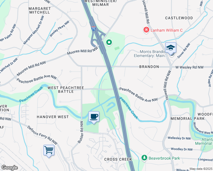 map of restaurants, bars, coffee shops, grocery stores, and more near 1155 Peachtree Battle Avenue Northwest in Atlanta