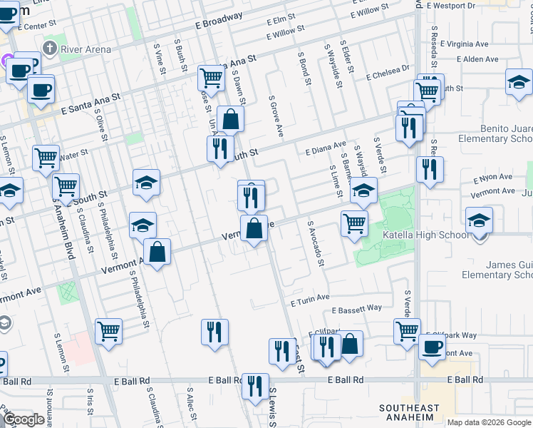 map of restaurants, bars, coffee shops, grocery stores, and more near 1206 East Hampshire Avenue in Anaheim