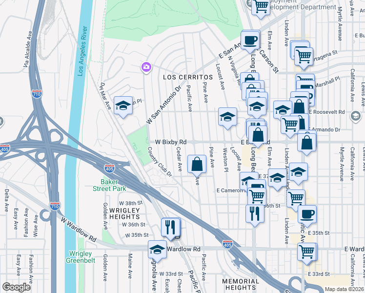 map of restaurants, bars, coffee shops, grocery stores, and more near 3764 Cedar Avenue in Long Beach