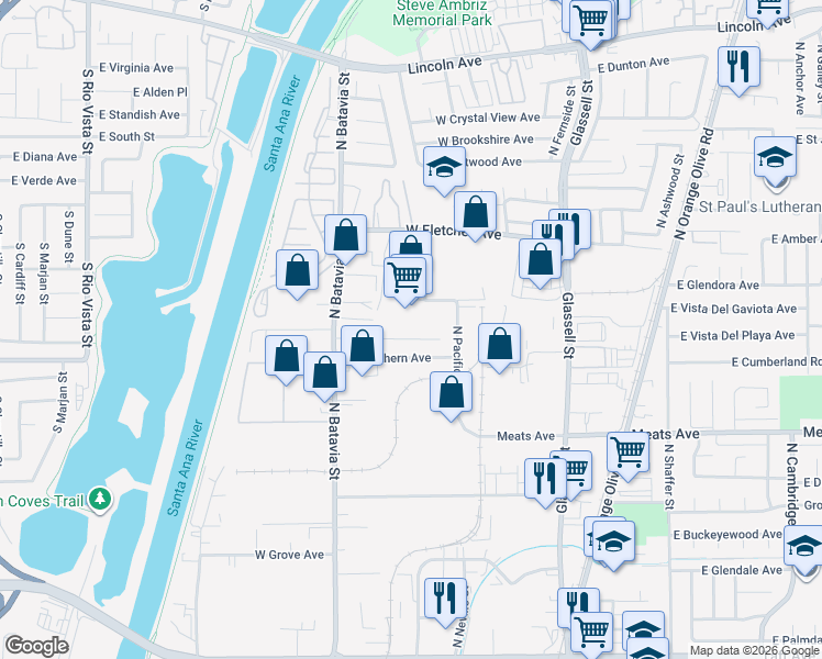 map of restaurants, bars, coffee shops, grocery stores, and more near 639 West Cully Drive in Orange