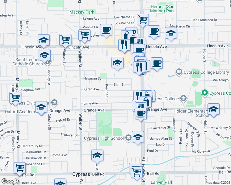 map of restaurants, bars, coffee shops, grocery stores, and more near 5782 Karen Avenue in Cypress
