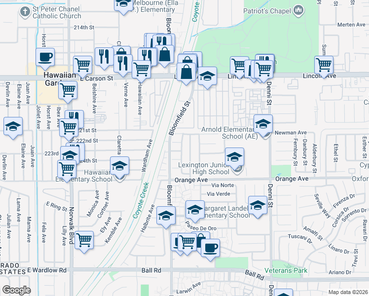 map of restaurants, bars, coffee shops, grocery stores, and more near 9364 Fleetwood Street in Cypress