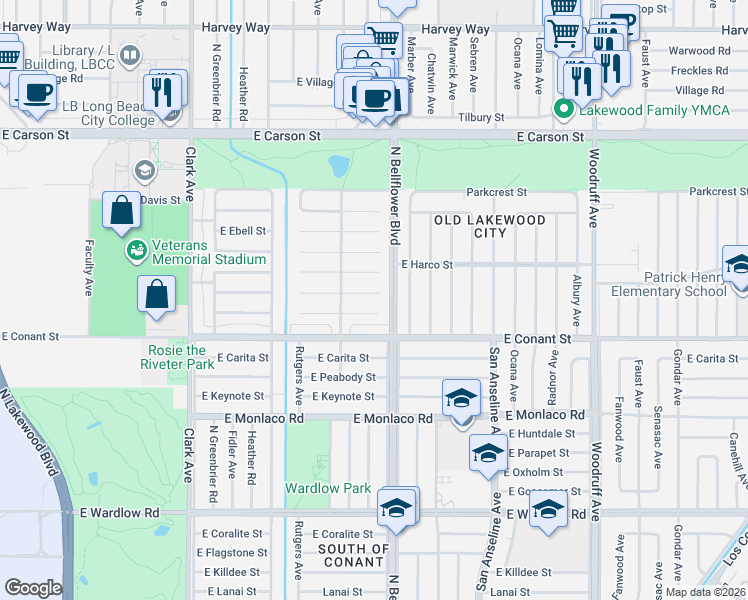 map of restaurants, bars, coffee shops, grocery stores, and more near 5422 East Walkerton Street in Long Beach