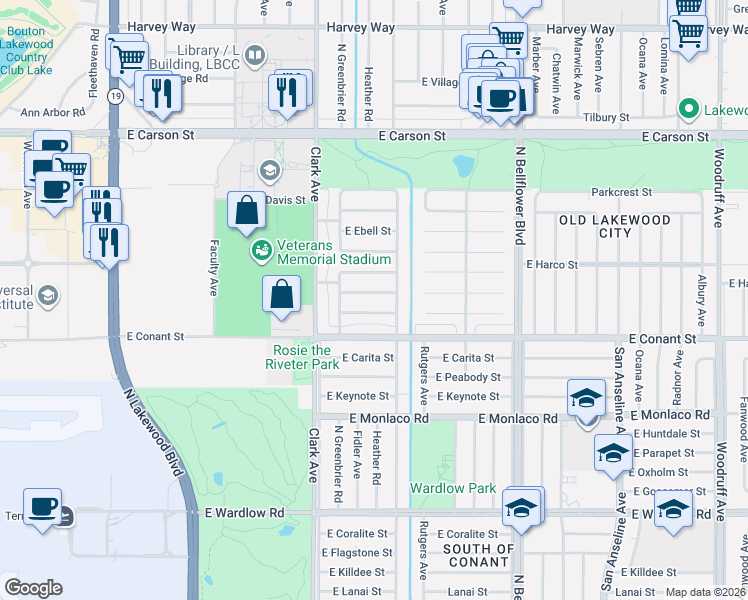 map of restaurants, bars, coffee shops, grocery stores, and more near 5222 East Walkerton Street in Long Beach
