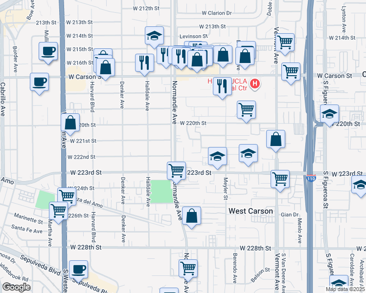 map of restaurants, bars, coffee shops, grocery stores, and more near 22114 Normandie Avenue in Torrance