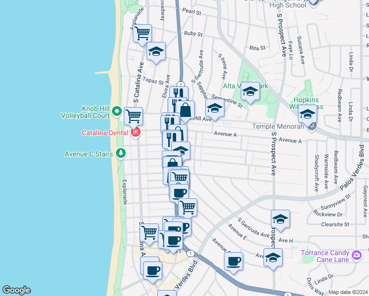 map of restaurants, bars, coffee shops, grocery stores, and more near 532 1/2 Avenue B in Redondo Beach