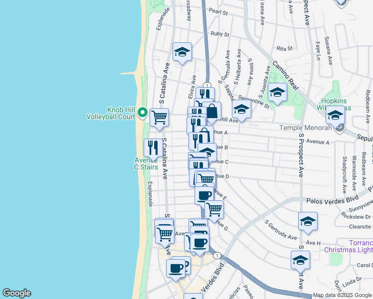 map of restaurants, bars, coffee shops, grocery stores, and more near 208 Avenue B in Redondo Beach