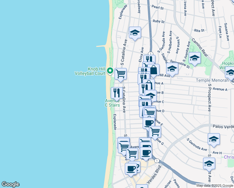 map of restaurants, bars, coffee shops, grocery stores, and more near 112 Avenue B in Redondo Beach
