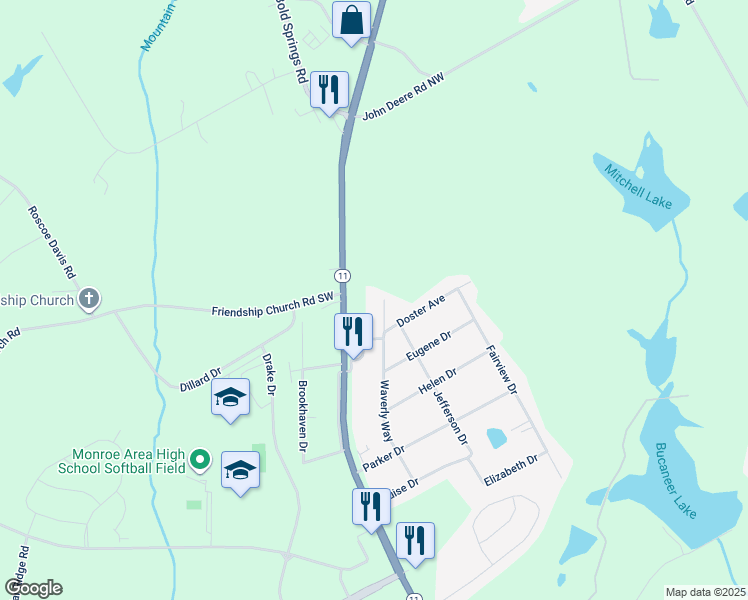 map of restaurants, bars, coffee shops, grocery stores, and more near 1512 Waverly Way in Monroe