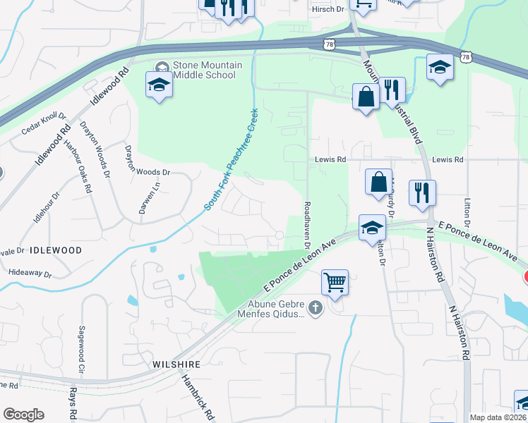 map of restaurants, bars, coffee shops, grocery stores, and more near 1511 Ashbrooke Trace in Stone Mountain