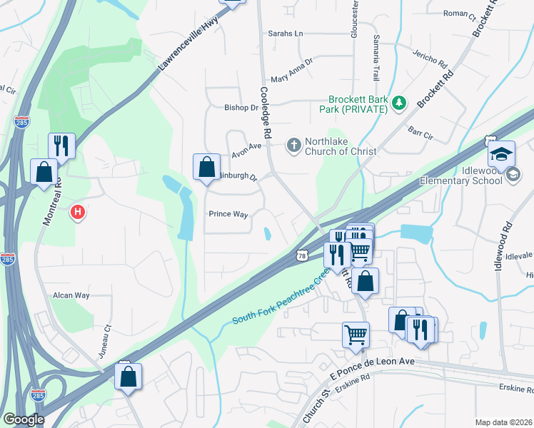 map of restaurants, bars, coffee shops, grocery stores, and more near 3745 Marlborough Drive in Tucker