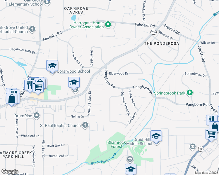 map of restaurants, bars, coffee shops, grocery stores, and more near 2667 Pangborn Road in Decatur
