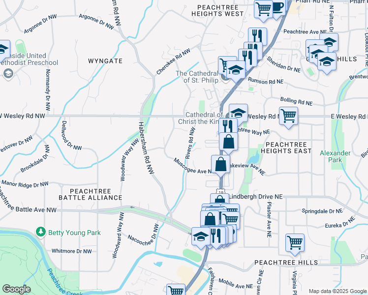 map of restaurants, bars, coffee shops, grocery stores, and more near 2628 Rivers Road Northwest in Atlanta