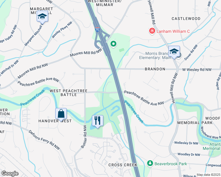 map of restaurants, bars, coffee shops, grocery stores, and more near 1155 Peachtree Battle Avenue Northwest in Atlanta