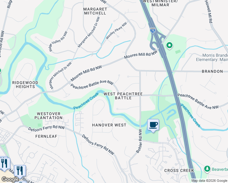 map of restaurants, bars, coffee shops, grocery stores, and more near 1370 Peachtree Battle Avenue Northwest in Atlanta