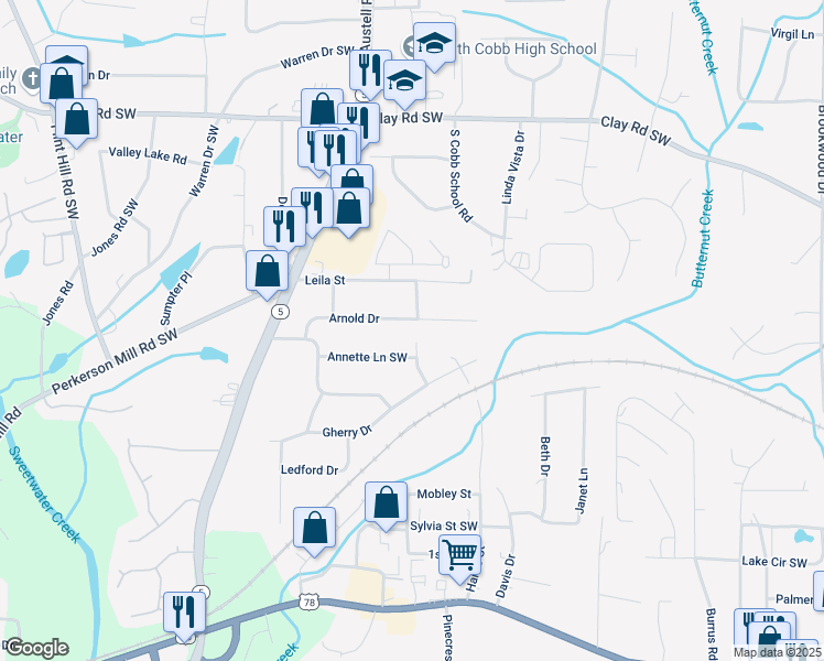 map of restaurants, bars, coffee shops, grocery stores, and more near 1901 Arnold Drive in Austell
