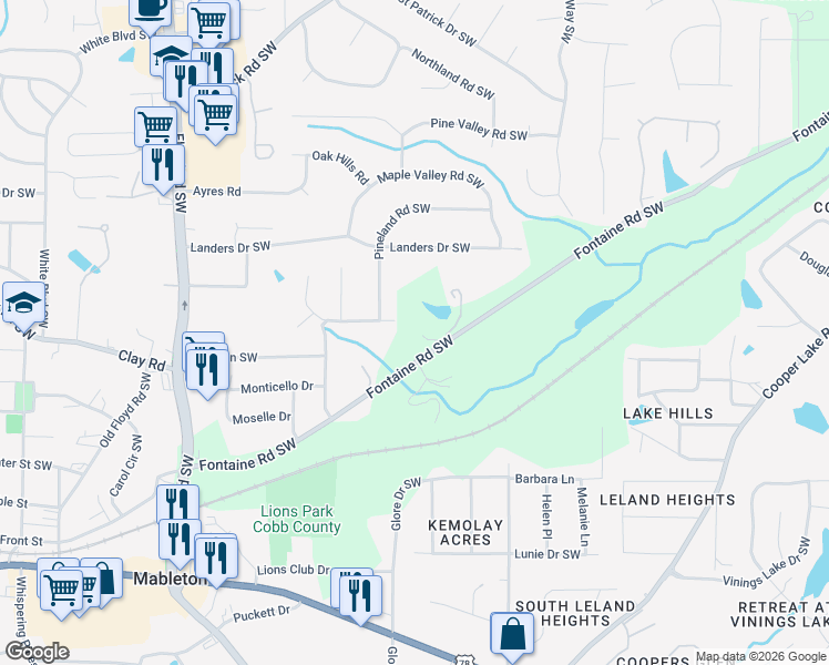 map of restaurants, bars, coffee shops, grocery stores, and more near 470 Fontaine Road Southwest in Mableton