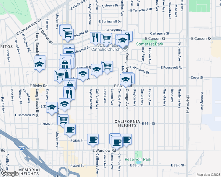 map of restaurants, bars, coffee shops, grocery stores, and more near 3761 Lemon Avenue in Long Beach