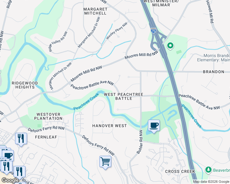 map of restaurants, bars, coffee shops, grocery stores, and more near 1370 Peachtree Battle Avenue Northwest in Atlanta