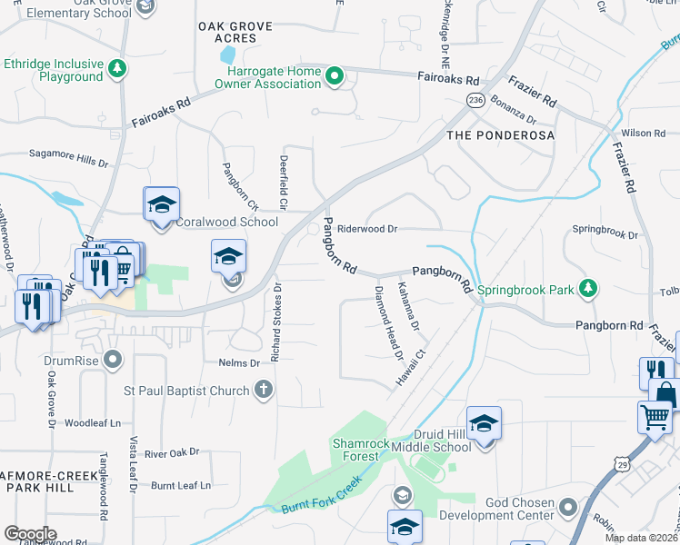 map of restaurants, bars, coffee shops, grocery stores, and more near 2667 Pangborn Road in Decatur
