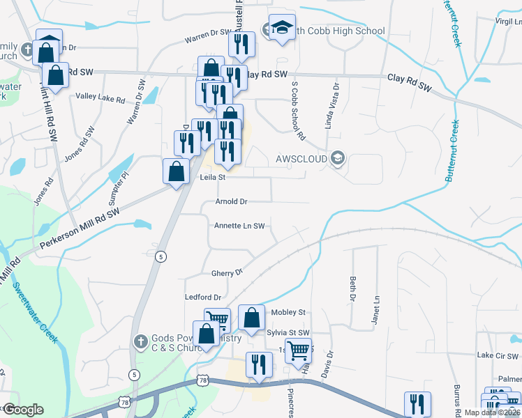 map of restaurants, bars, coffee shops, grocery stores, and more near 1911 Arnold Drive in Austell