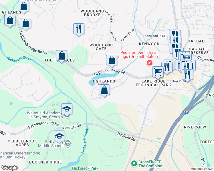 map of restaurants, bars, coffee shops, grocery stores, and more near 415 Iona Abbey Court Southeast in Smyrna