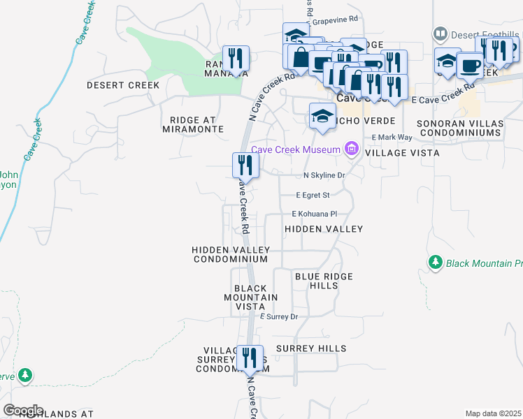 map of restaurants, bars, coffee shops, grocery stores, and more near 37602 North Kohuana Place in Cave Creek