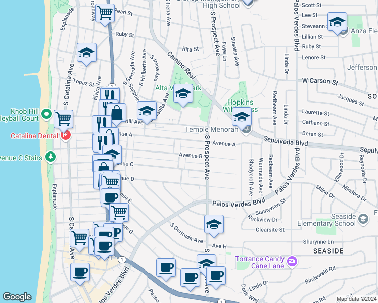 map of restaurants, bars, coffee shops, grocery stores, and more near 835 Avenue B in Redondo Beach