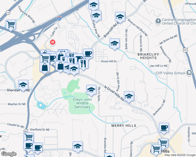 map of restaurants, bars, coffee shops, grocery stores, and more near 2490 North Druid Hills Road in Atlanta