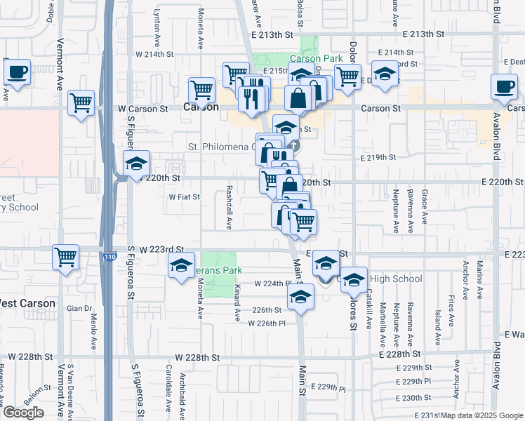 map of restaurants, bars, coffee shops, grocery stores, and more near 141 West Jay Street in Carson