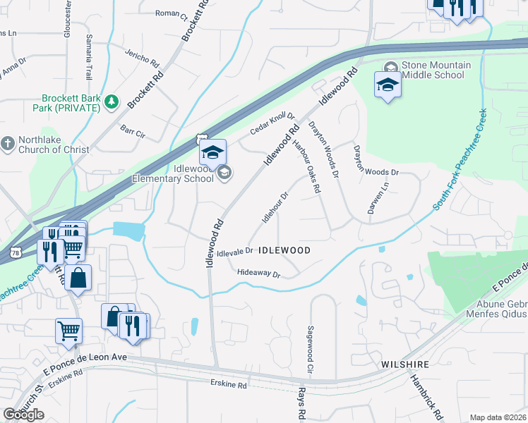 map of restaurants, bars, coffee shops, grocery stores, and more near 1548 Idlehour Drive in Tucker