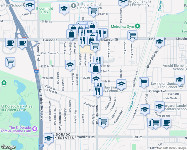 map of restaurants, bars, coffee shops, grocery stores, and more near 22213 Norwalk Boulevard in Hawaiian Gardens