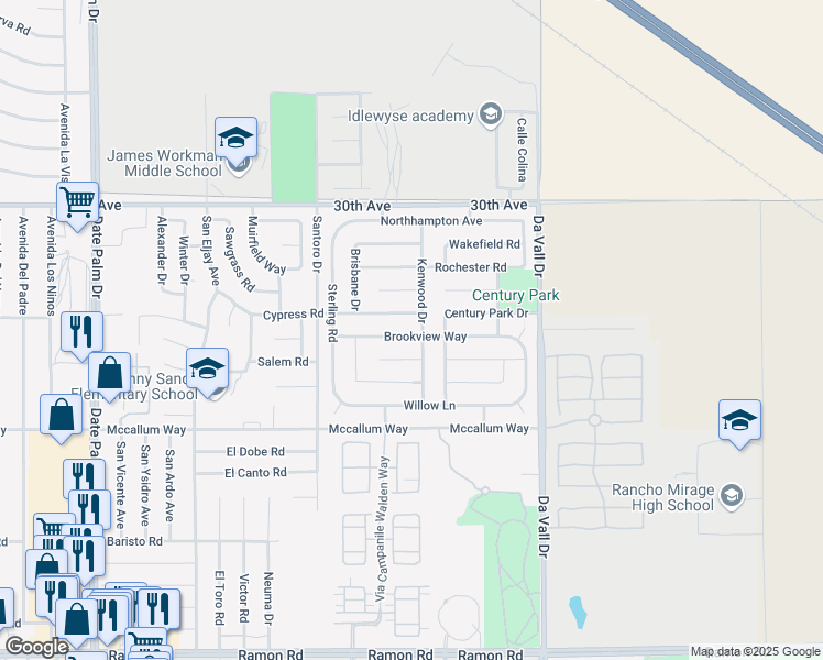map of restaurants, bars, coffee shops, grocery stores, and more near 69724 Brookview Way in Cathedral City