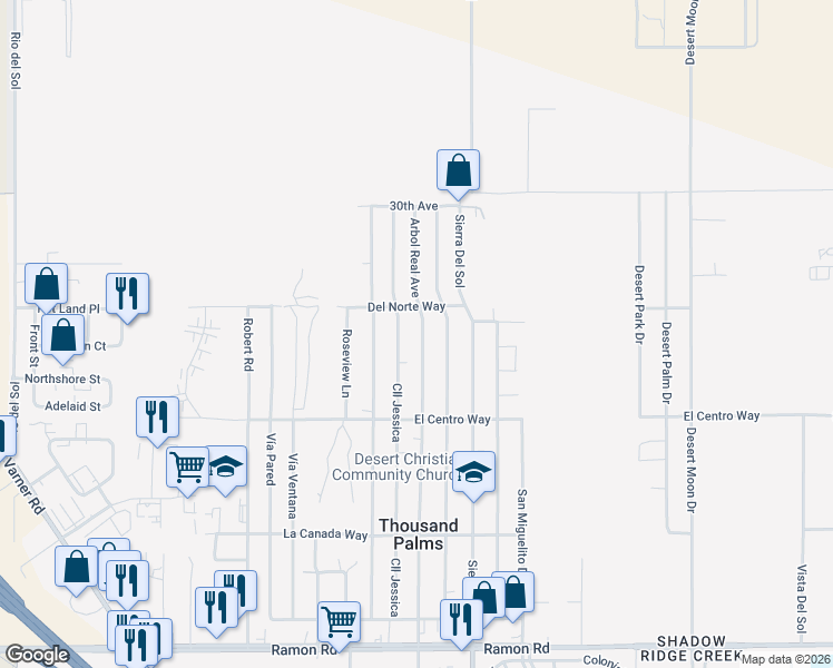 map of restaurants, bars, coffee shops, grocery stores, and more near 30621 Arbol Real Avenue in Thousand Palms