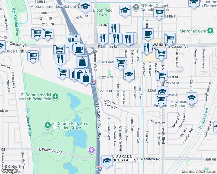 map of restaurants, bars, coffee shops, grocery stores, and more near 22210 Clarkdale Avenue in Hawaiian Gardens