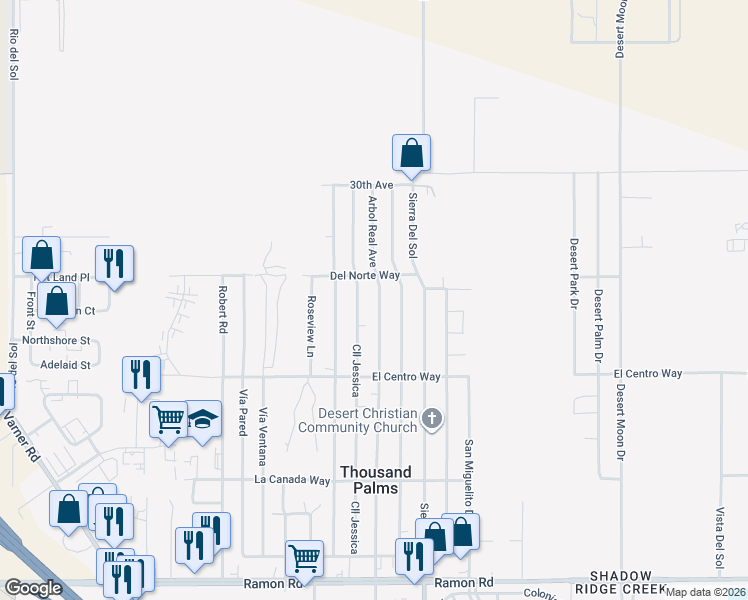 map of restaurants, bars, coffee shops, grocery stores, and more near 30622 Calle Jessica in Thousand Palms