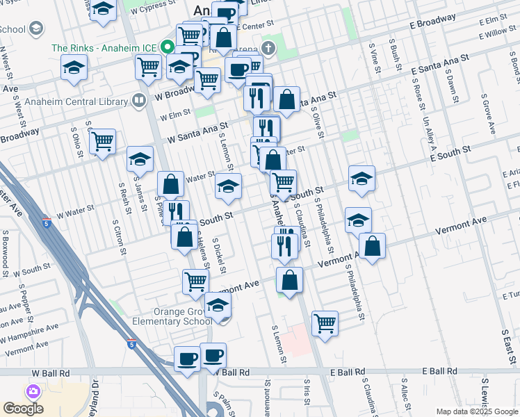 map of restaurants, bars, coffee shops, grocery stores, and more near 102 West South Street in Anaheim