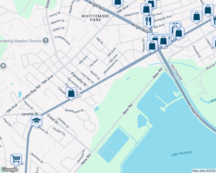 map of restaurants, bars, coffee shops, grocery stores, and more near 300 Rufus Street in Conway