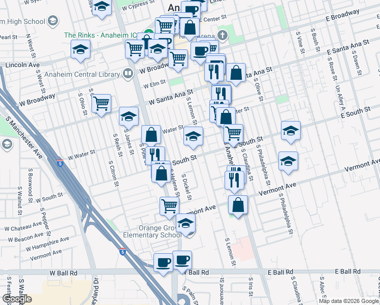 map of restaurants, bars, coffee shops, grocery stores, and more near 311 West South Street in Anaheim