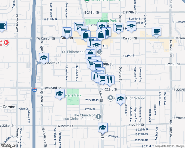 map of restaurants, bars, coffee shops, grocery stores, and more near 22111 Main Street in Carson