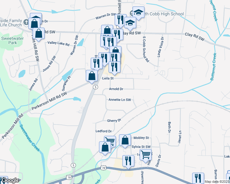 map of restaurants, bars, coffee shops, grocery stores, and more near 1971 Arnold Drive in Austell
