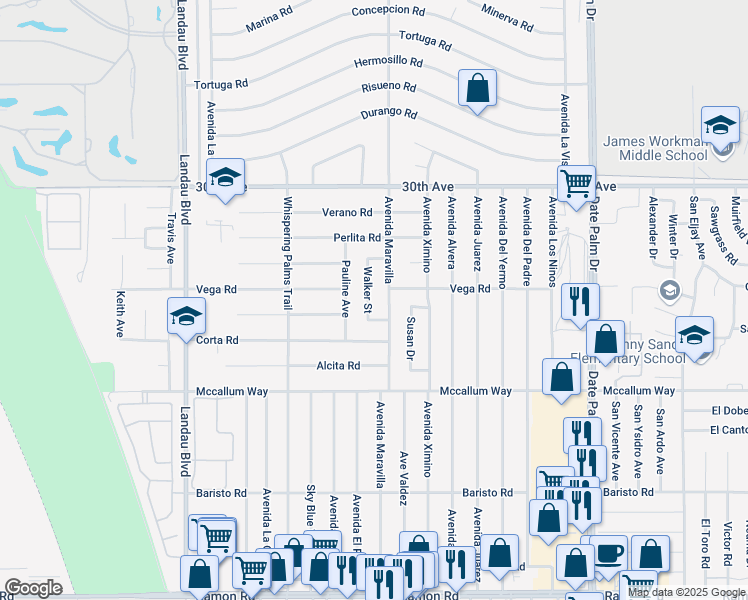 map of restaurants, bars, coffee shops, grocery stores, and more near 68400 Walker Street in Cathedral City