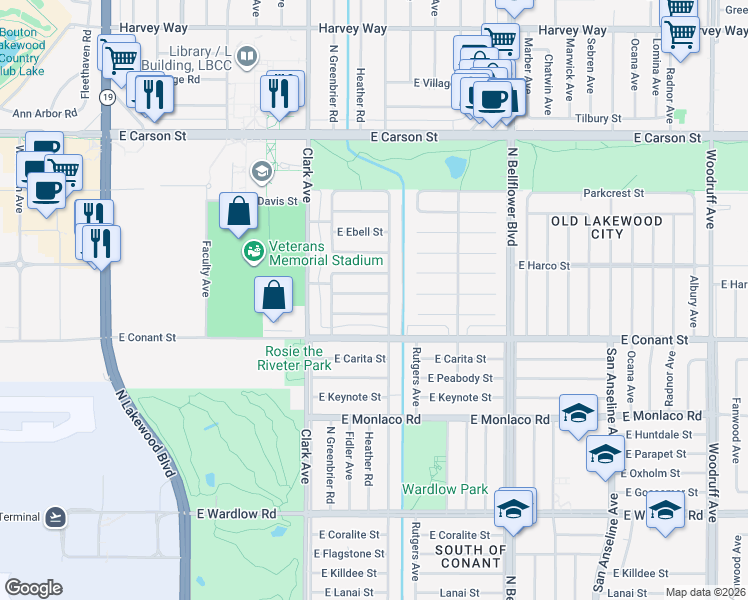 map of restaurants, bars, coffee shops, grocery stores, and more near 5222 East Walkerton Street in Long Beach