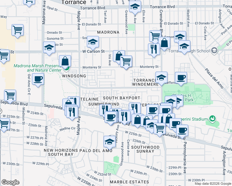 map of restaurants, bars, coffee shops, grocery stores, and more near 2800 Plaza del Amo in Torrance