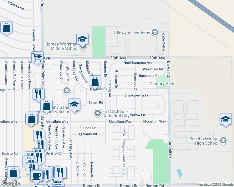 map of restaurants, bars, coffee shops, grocery stores, and more near 69572 Brookview Way in Cathedral City