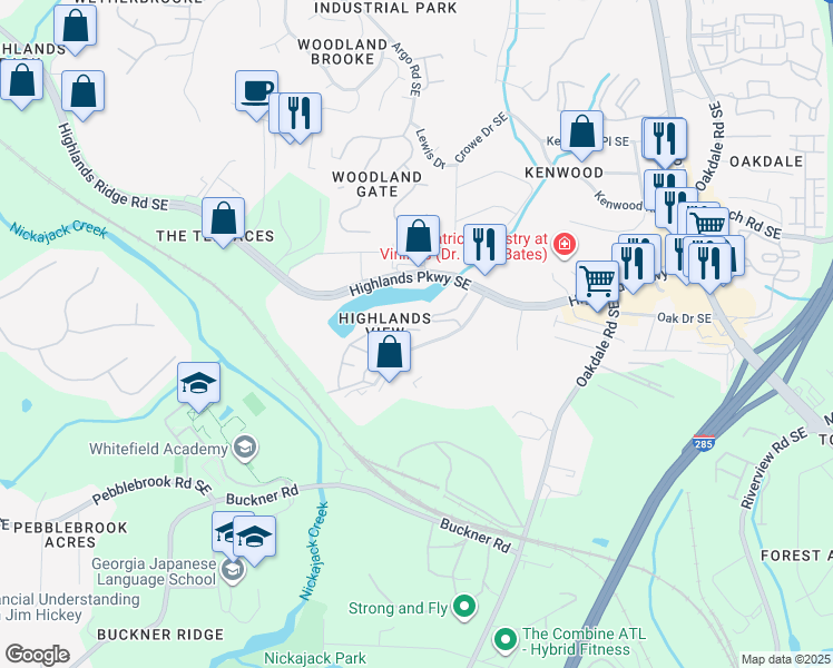 map of restaurants, bars, coffee shops, grocery stores, and more near 1788 Highlands View Drive in Smyrna